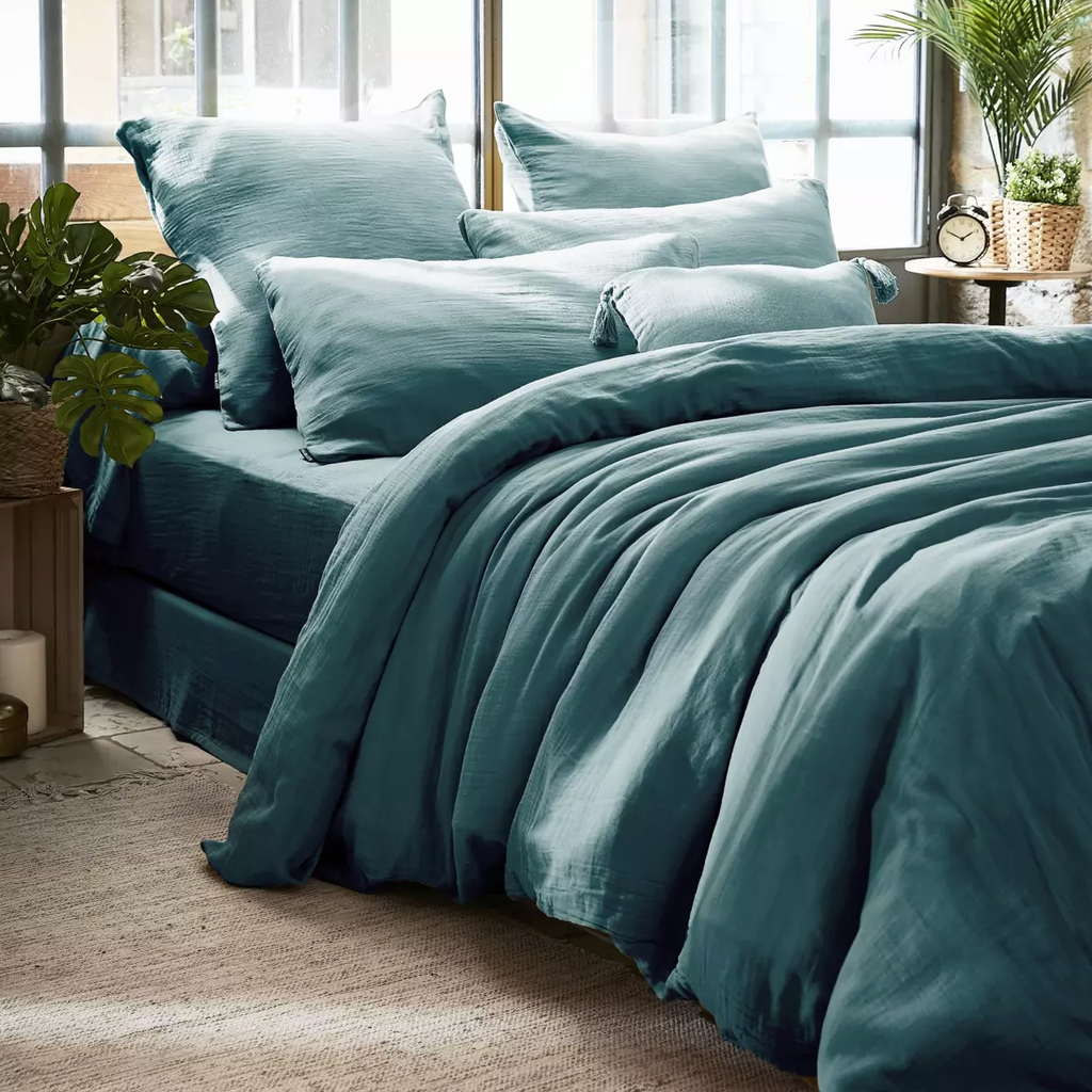 Housse de couette Amara en double gaze de coton - Bleu Canard