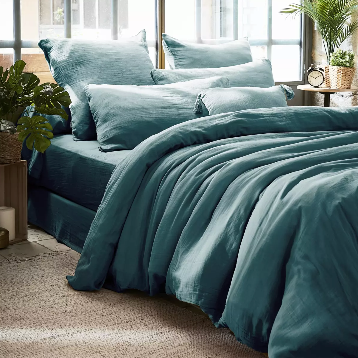 Housse de couette Amara en double gaze de coton - Bleu Canard