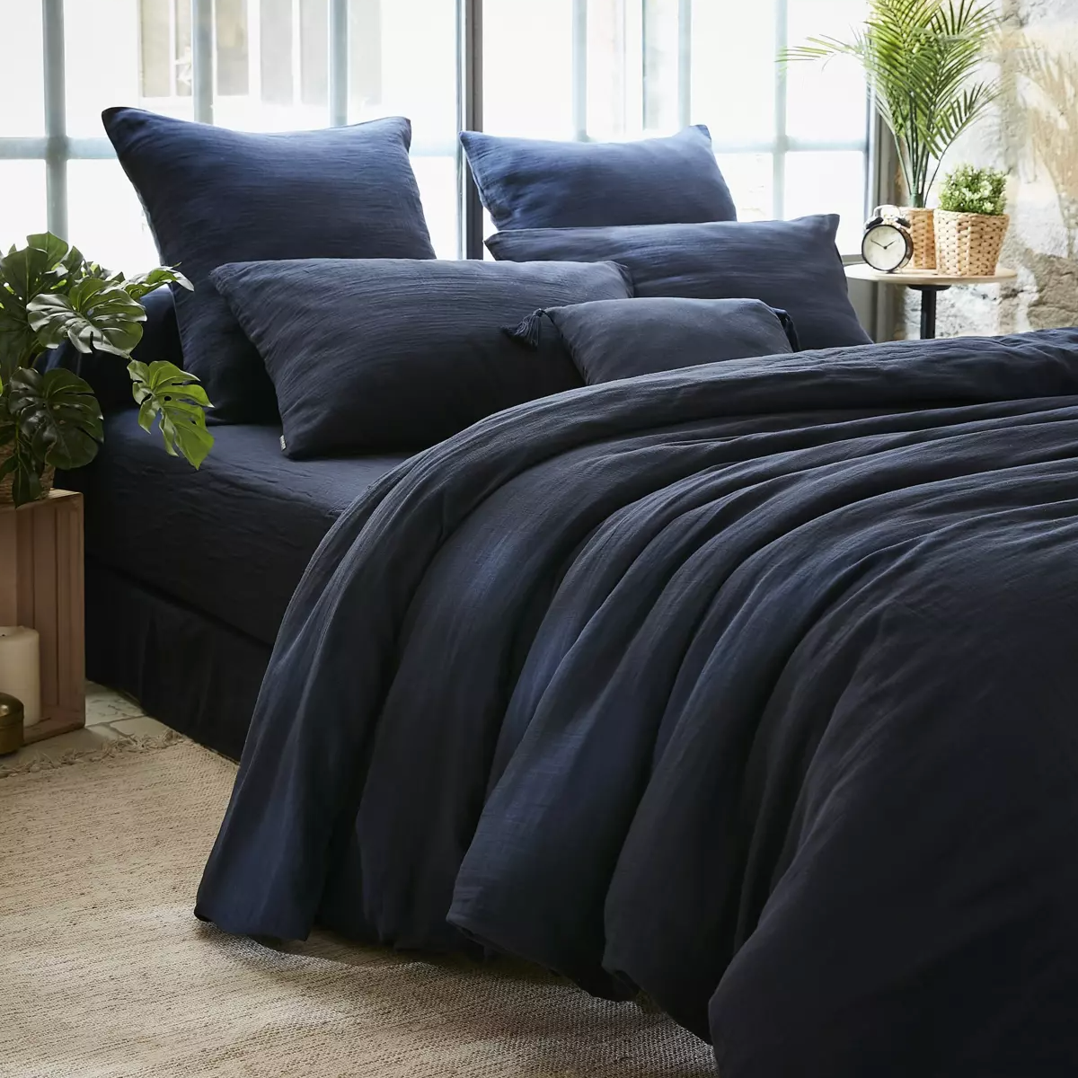 Housse de couette Amara en double gaze de coton - Bleu nuit