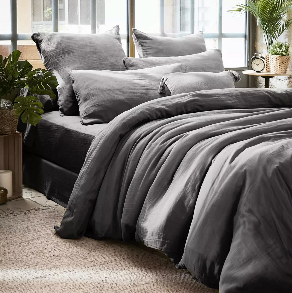 Housse de couette Amara en double gaze de coton - Gris Anthracite