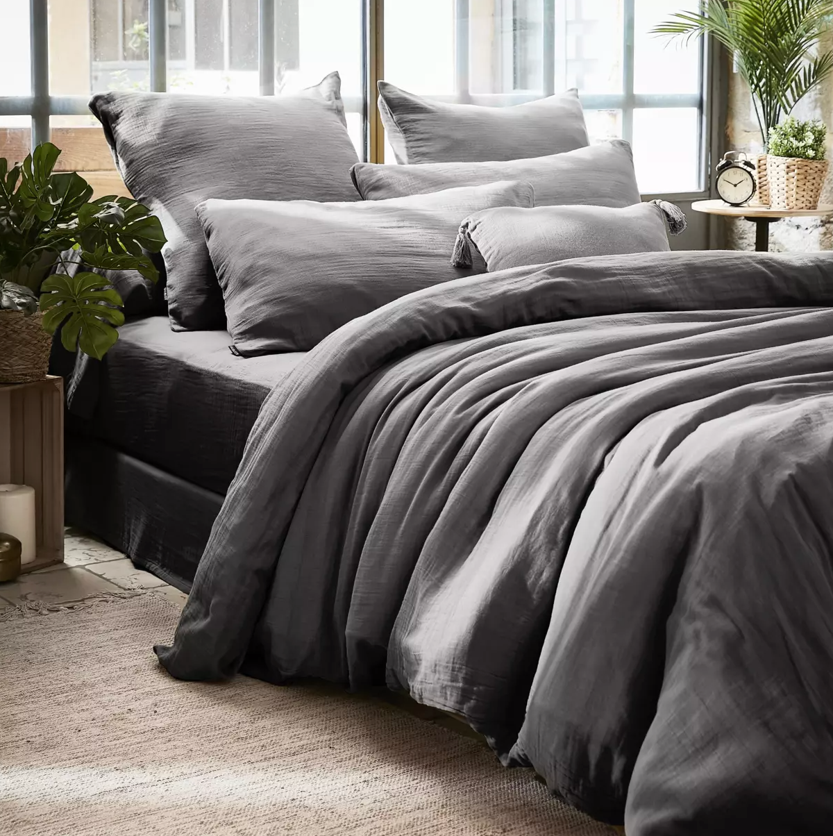 Housse de couette Amara en double gaze de coton - Gris Anthracite