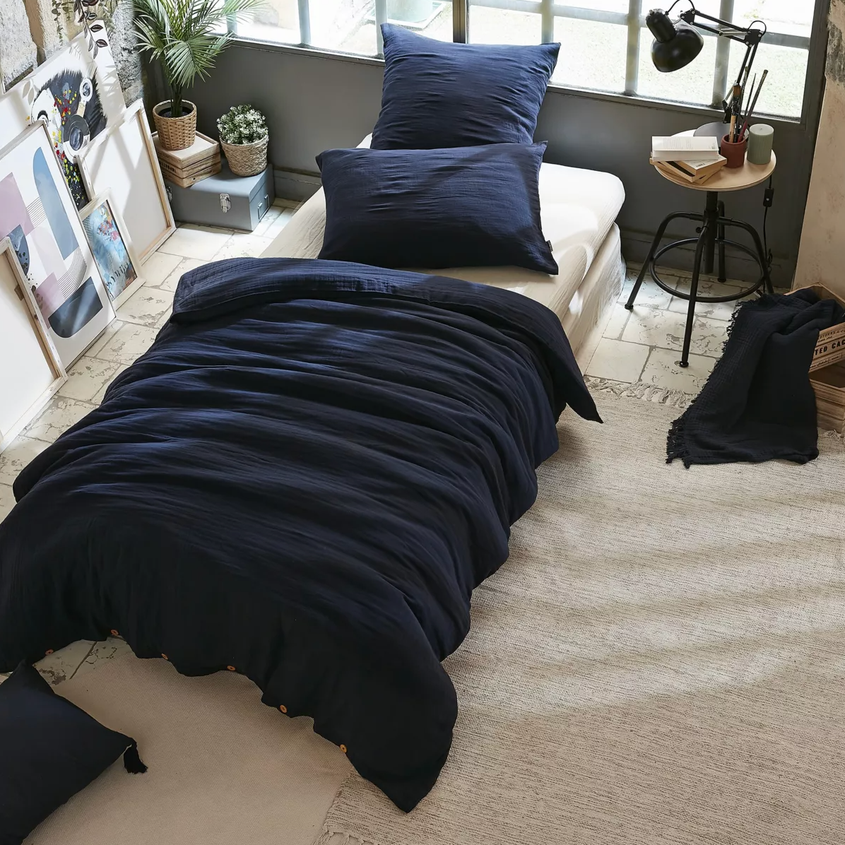 Housse de couette Amara en double gaze de coton - Bleu nuit