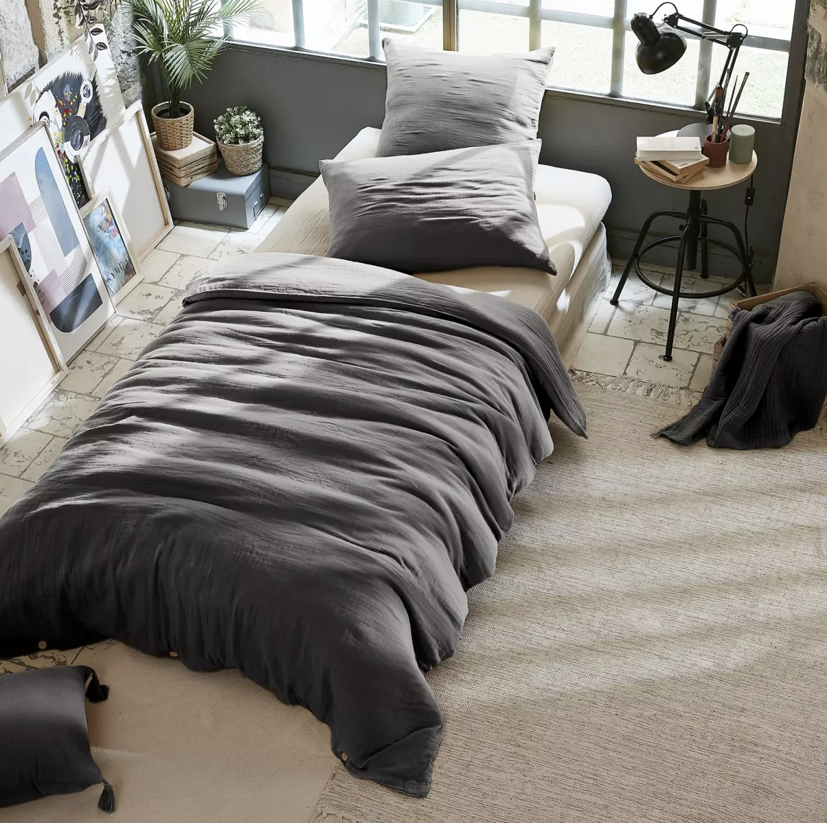 Housse de couette Amara en double gaze de coton - Gris Anthracite