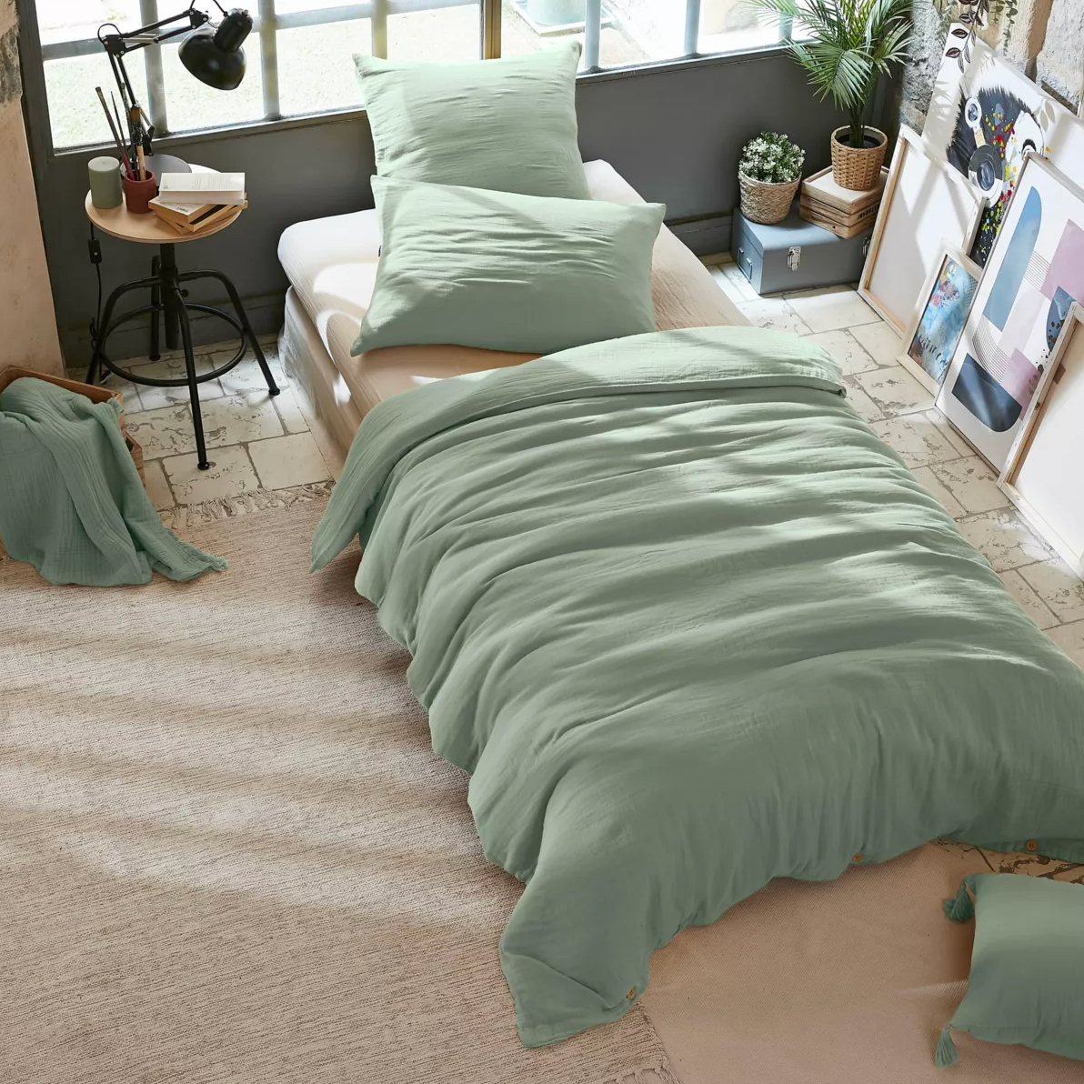 Housse de couette Amara en double gaze de coton - Vert eucalyptus